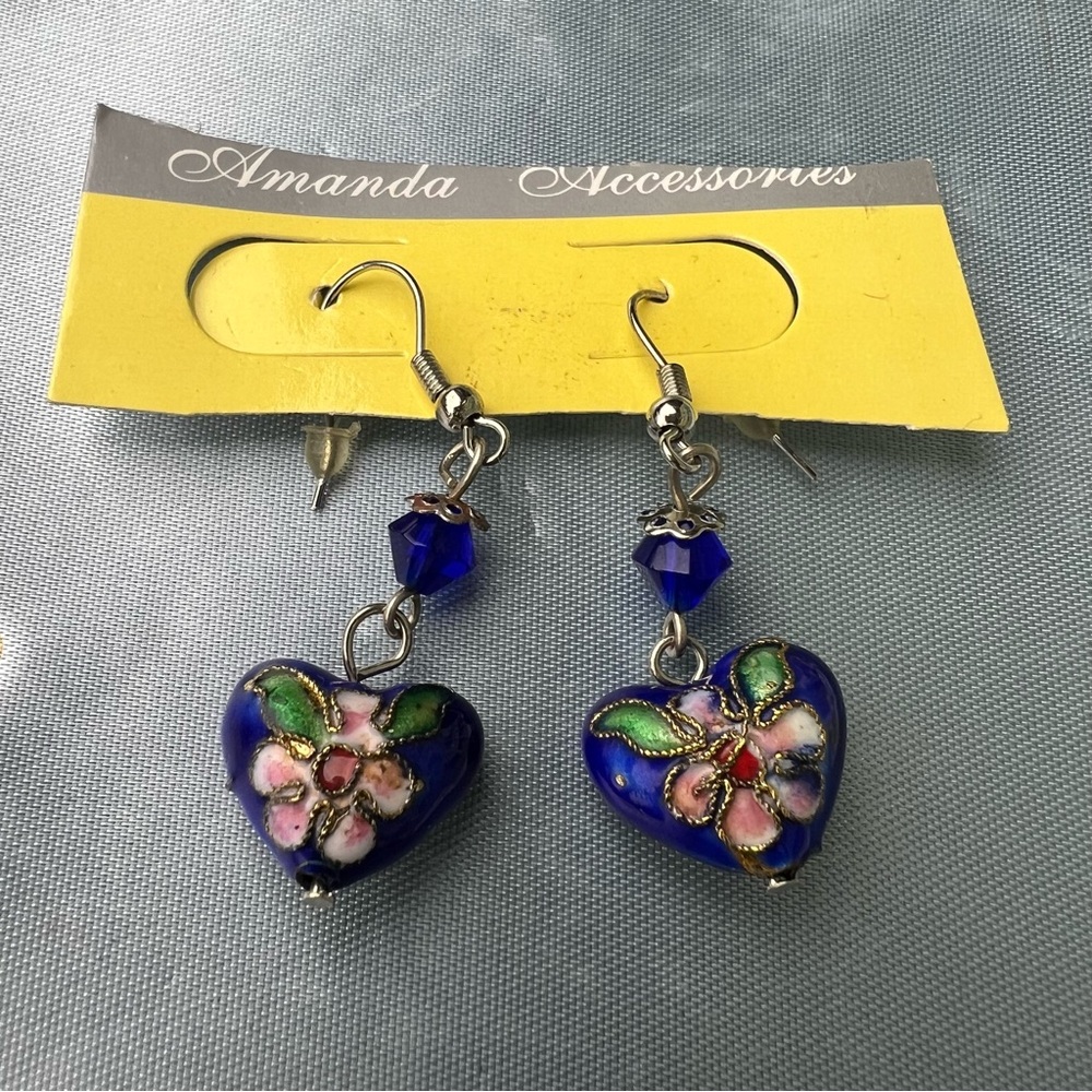 Y2K Blue Cloisonné-Style Heart Earrings | Enamel Floral Drop Earrings